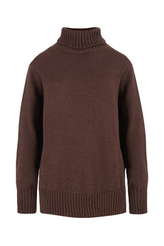 Chocolate merino wool turtleneck sweater, front view