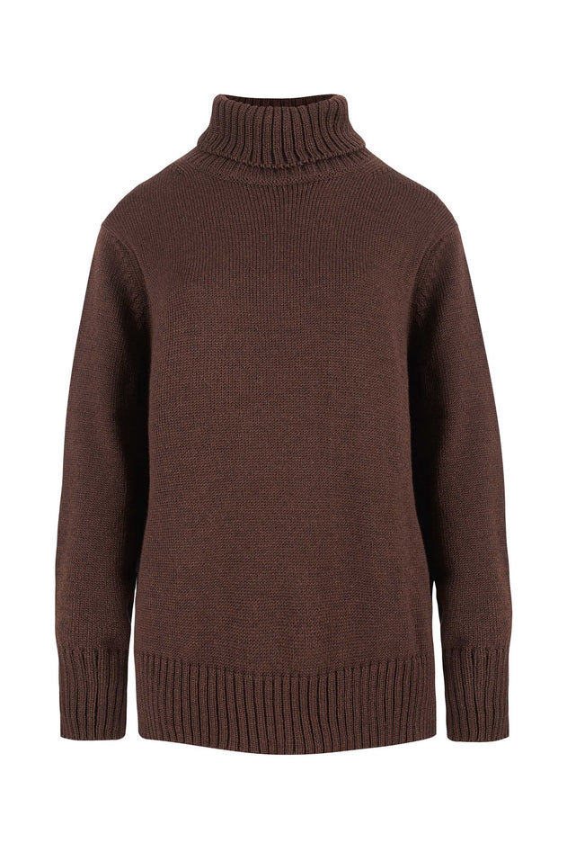 Chocolate merino wool turtleneck sweater, front view