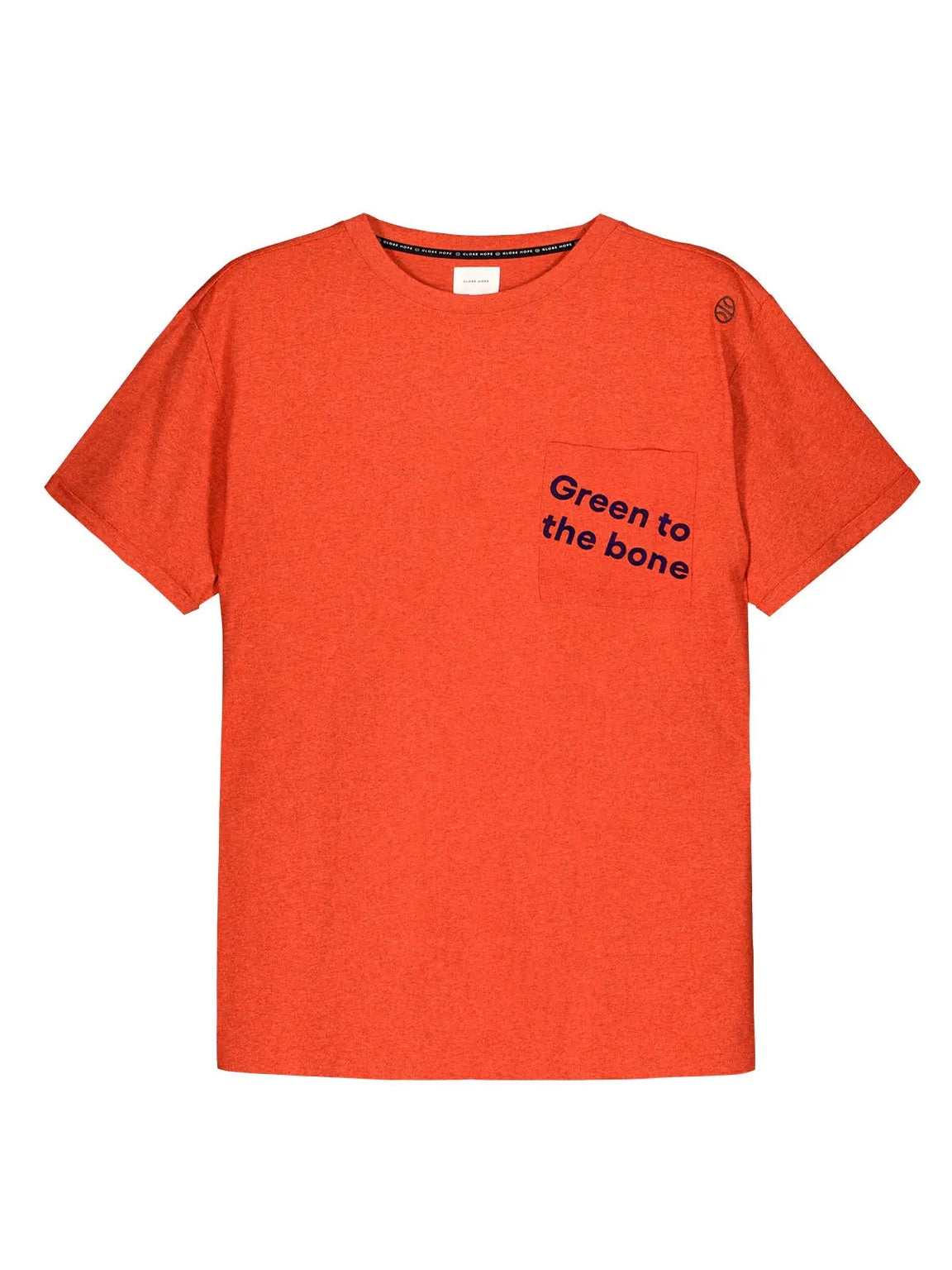Orange t-shirt with 'Green to the bone' text on a white background