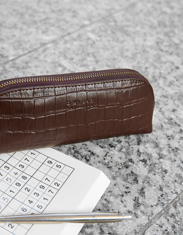 Pencil Case Large Chocolate Croco Print Leather