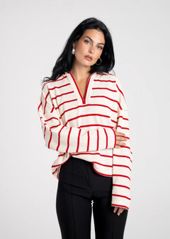 Mable Stripped Polo Sweater Cream & Red