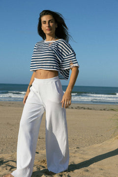 Energia Linen Crop Top Navy Striped