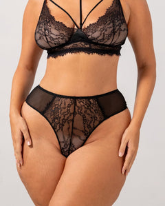 Lace Mesh Strappy Highwaist Thong Black