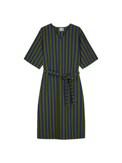 Stripy Seersucker Dress With Belt Green/Blue