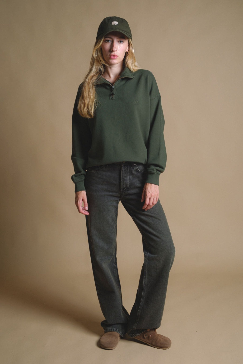 Women's Essential Garment Heavyweight Oversized Quater Zip Sweater Kombu Green
