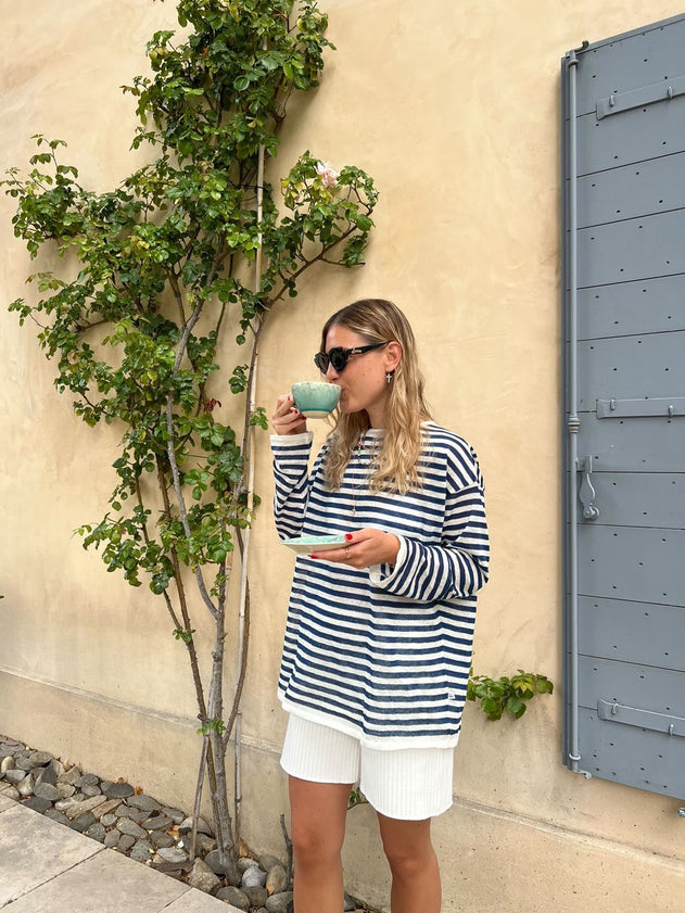 Tanto Unisex Linen Long-Sleeve Top Navy Striped