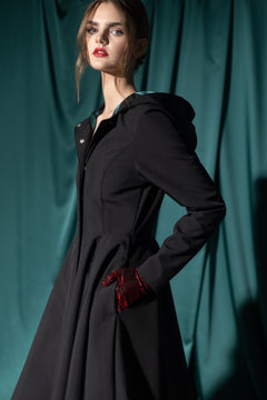 Fit and Flare Raincoat with Full Circle Hem Black / Deep Emerald