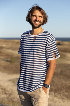 Energia Unisex Linen T-Shirt Navy Striped
