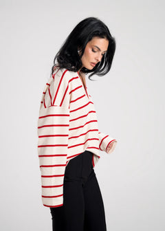 Mable Stripped Polo Sweater Cream & Red
