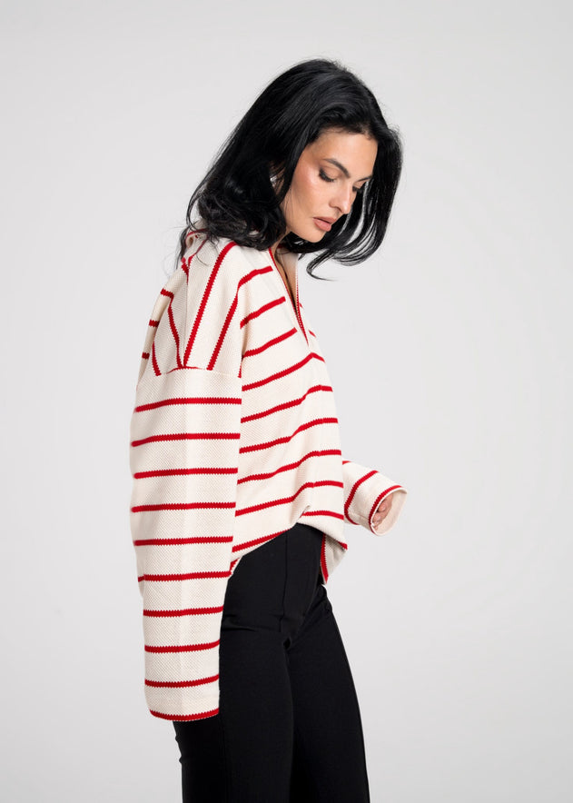 Mable Stripped Polo Sweater Cream & Red