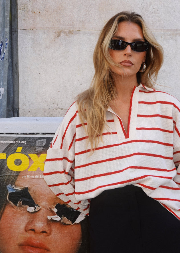 Mable Stripped Polo Sweater Cream & Red