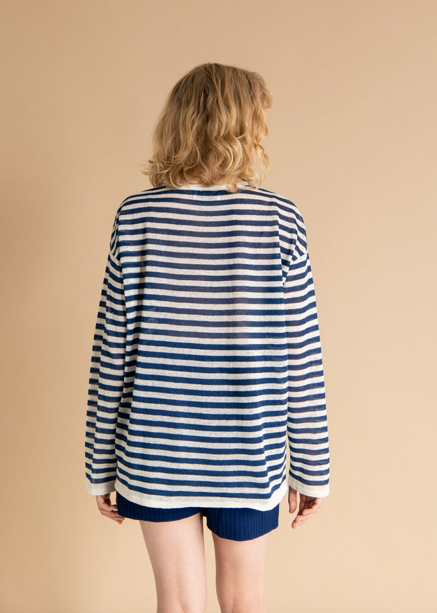 Tanto Unisex Linen Long-Sleeve Top Navy Striped