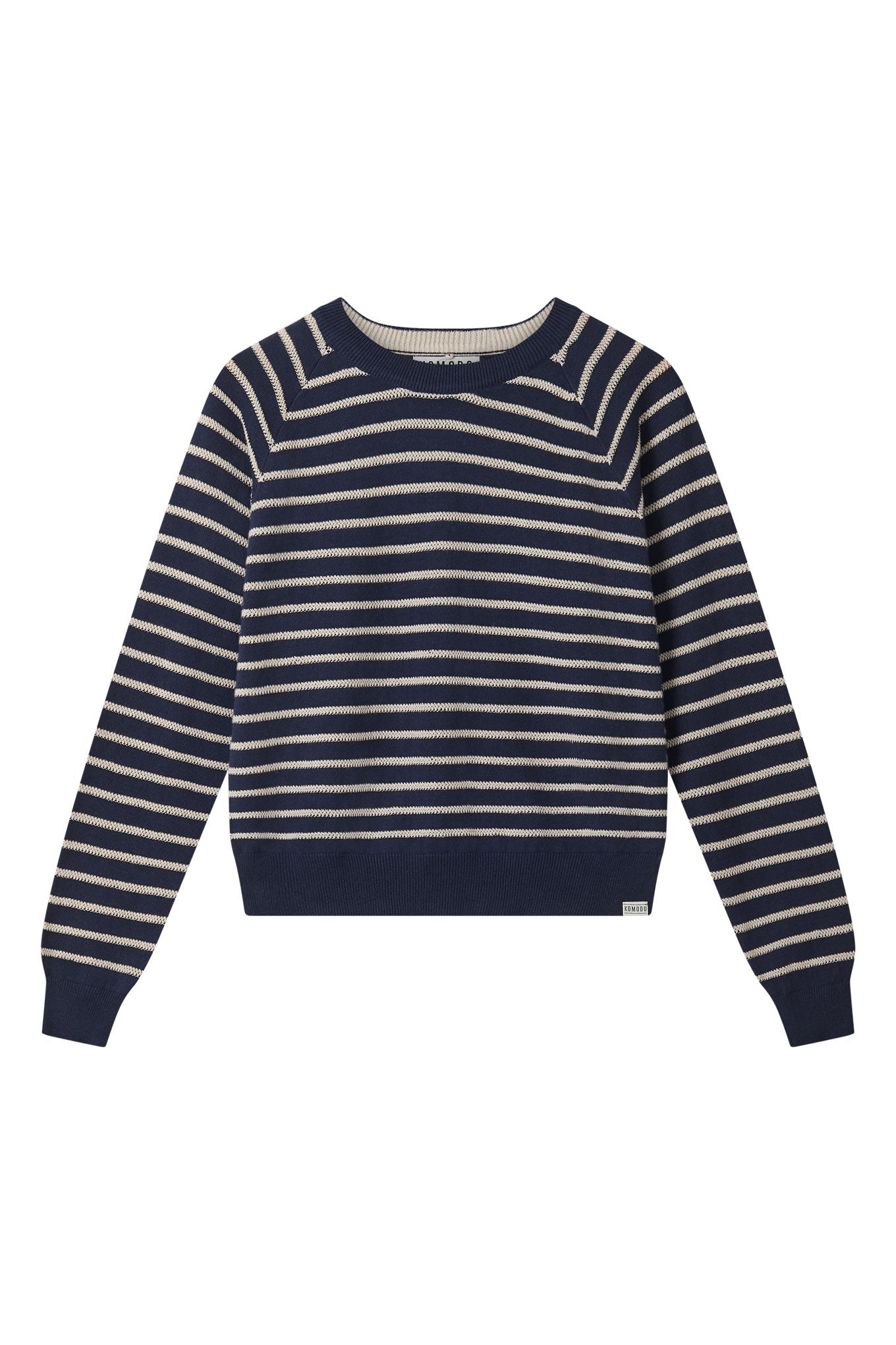 Woman wearing Komodo navy striped organic cotton jumper