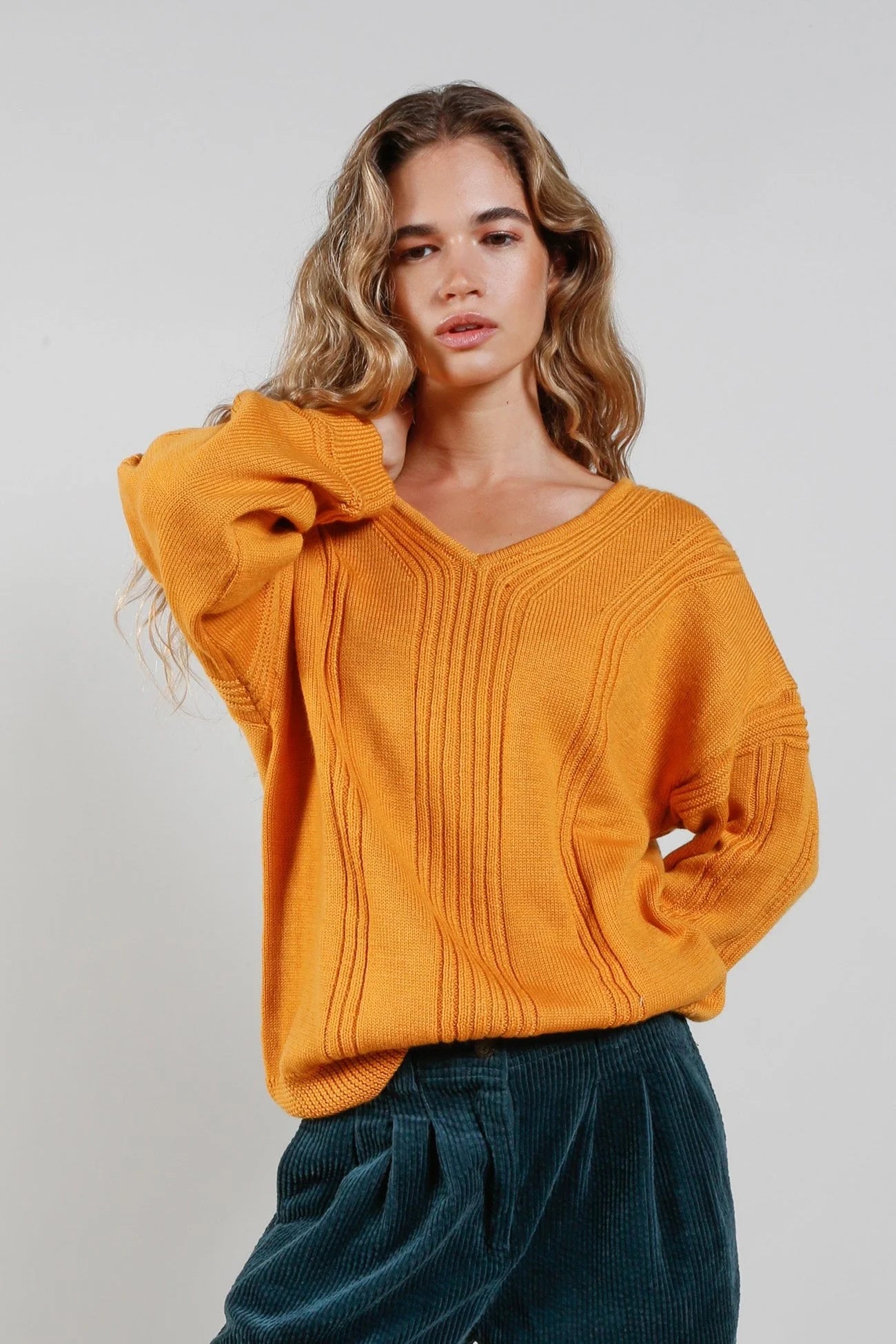 Anya orange merino wool sweater, front view