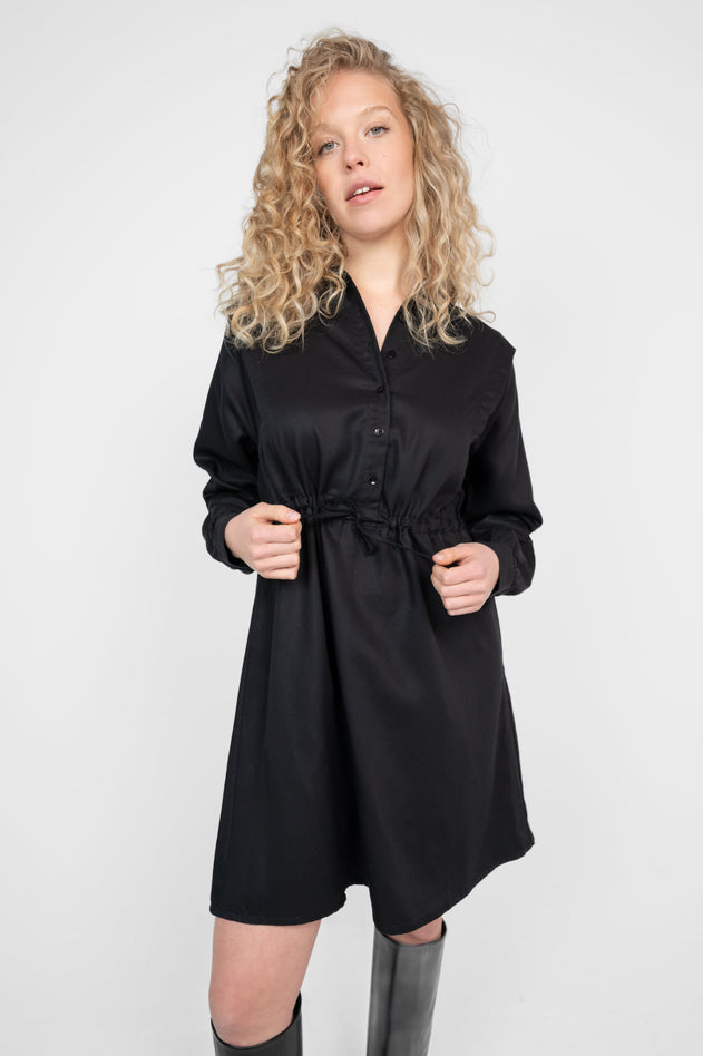 Collared Dress With Drawstring Black