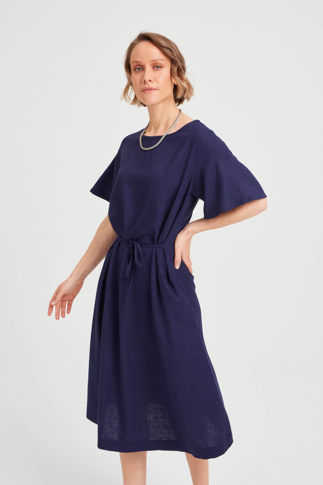 Nika Round Neck Dress With Butterfly Sleeves Black-Blue