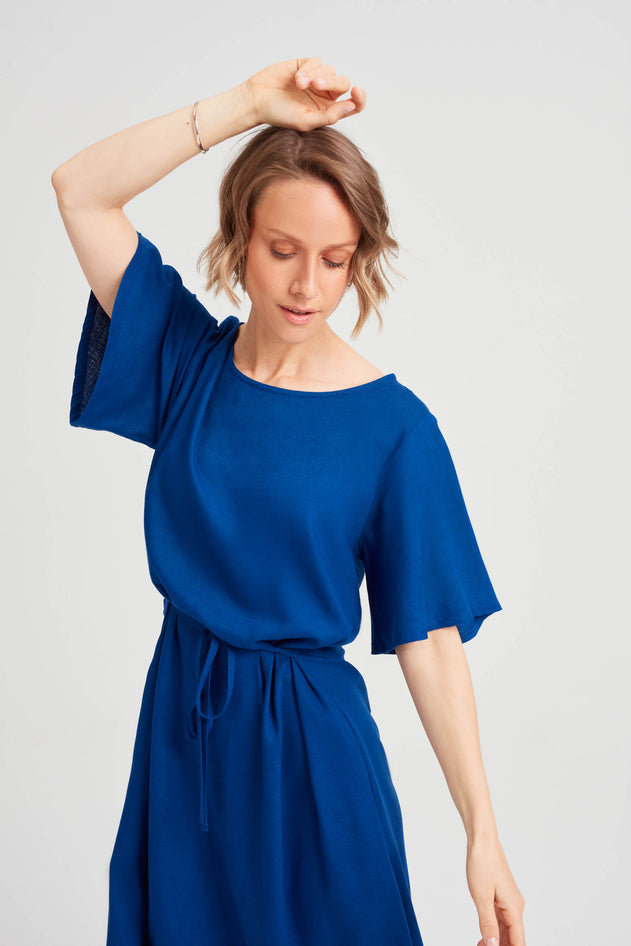 Nika Round Neck Dress With Butterfly Sleeves Ocean Blue