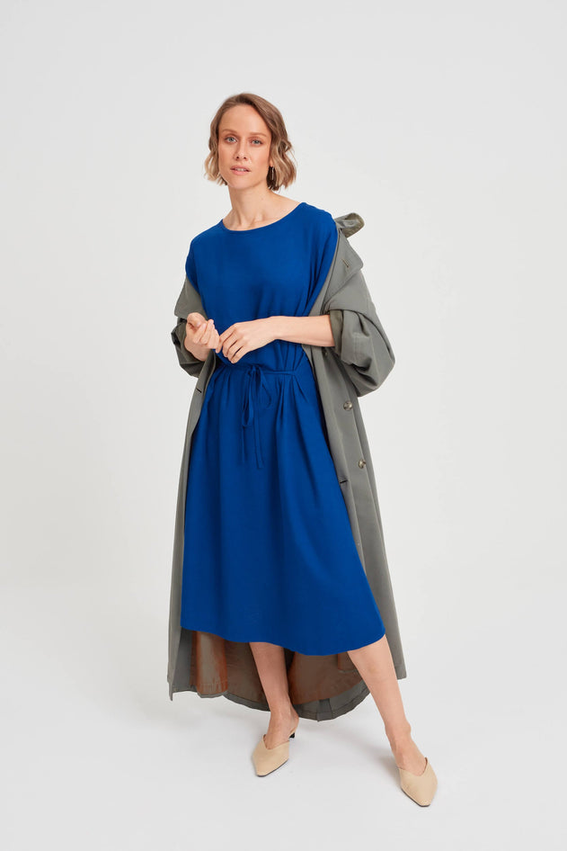 Nika Round Neck Dress With Butterfly Sleeves Ocean Blue
