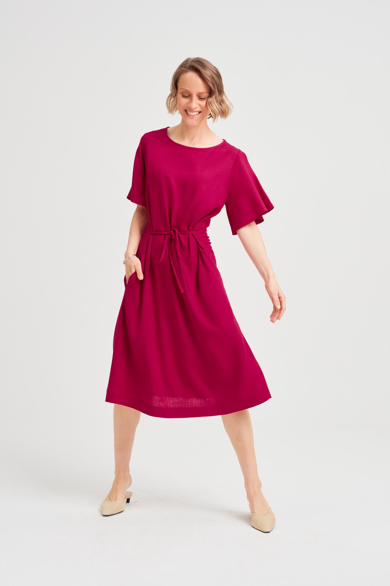 Nika Round Neck Dress With Butterfly Sleeves Cherry Red
