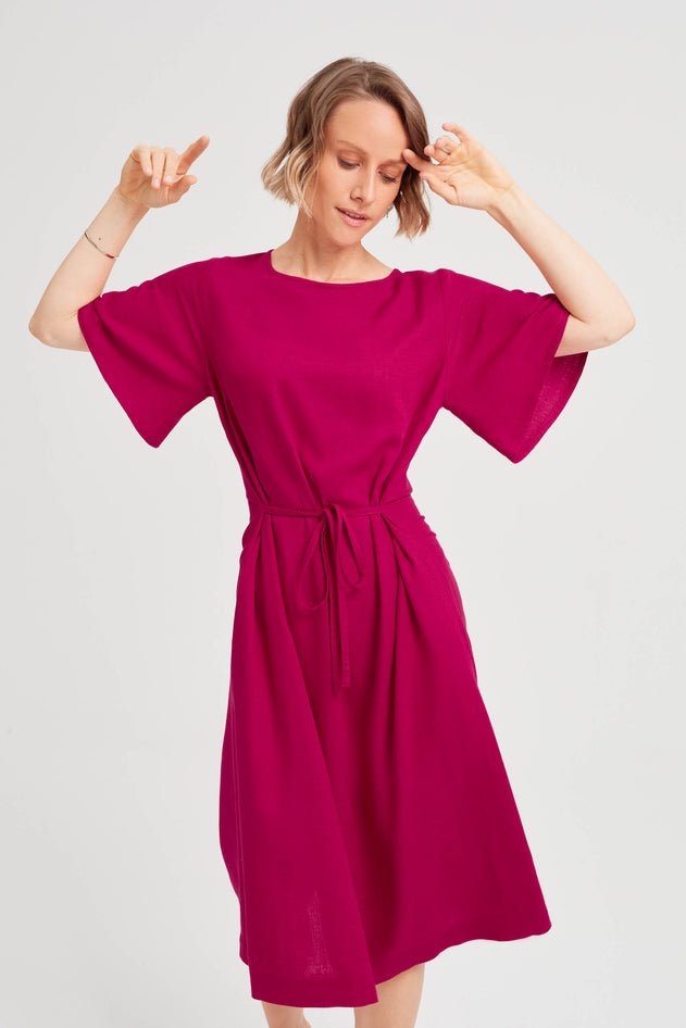 Nika Round Neck Dress With Butterfly Sleeves Cherry Red