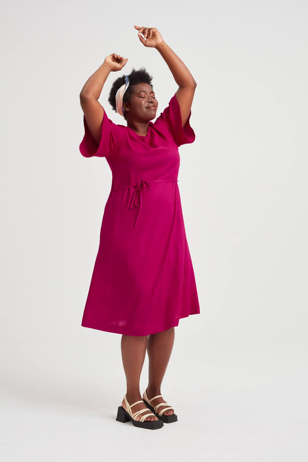 Nika Round Neck Dress With Butterfly Sleeves Cherry Red