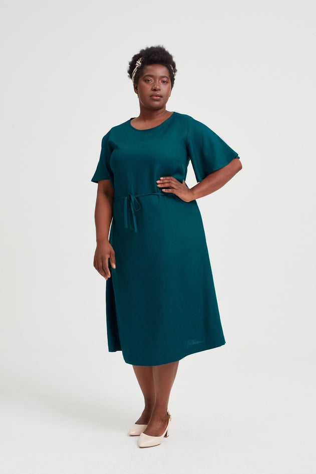 Nika Round Neck Dress With Butterfly Sleeves Deep Teal