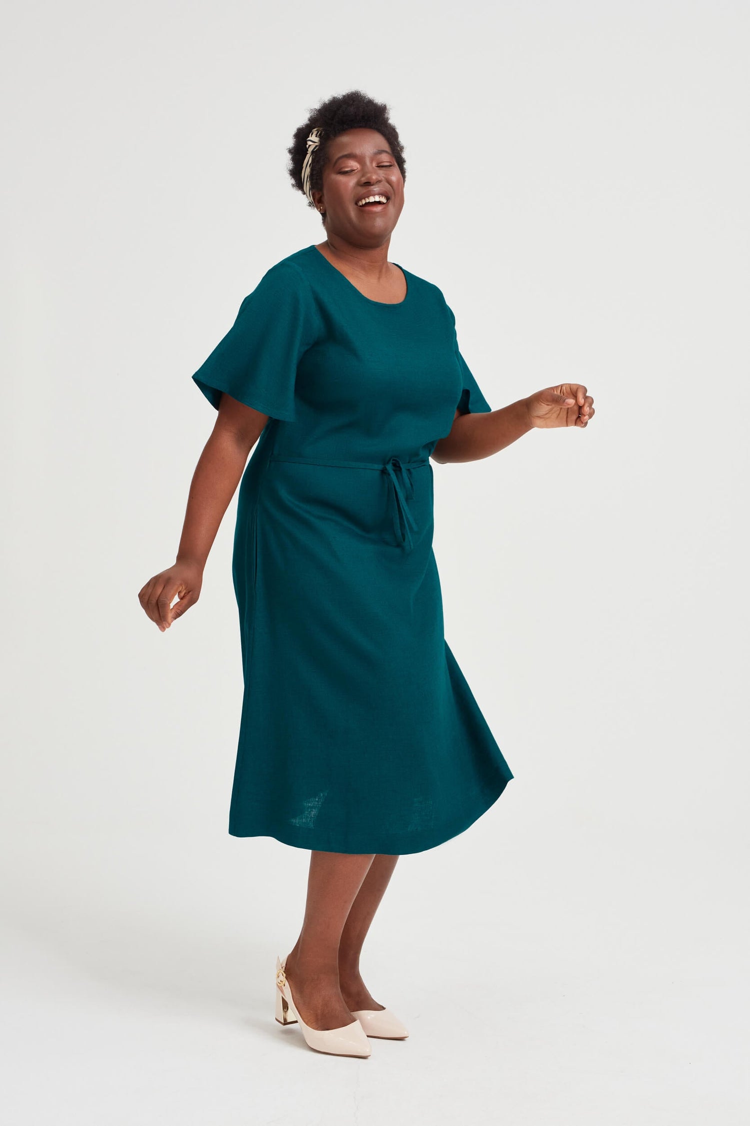 Nika Round Neck Dress With Butterfly Sleeves Deep Teal