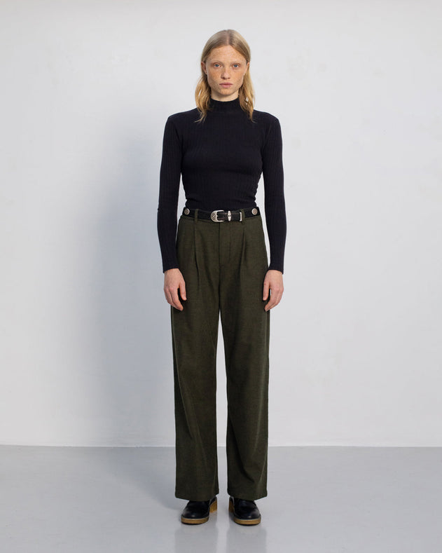 High Waist Flannel Pantalone Moss Green