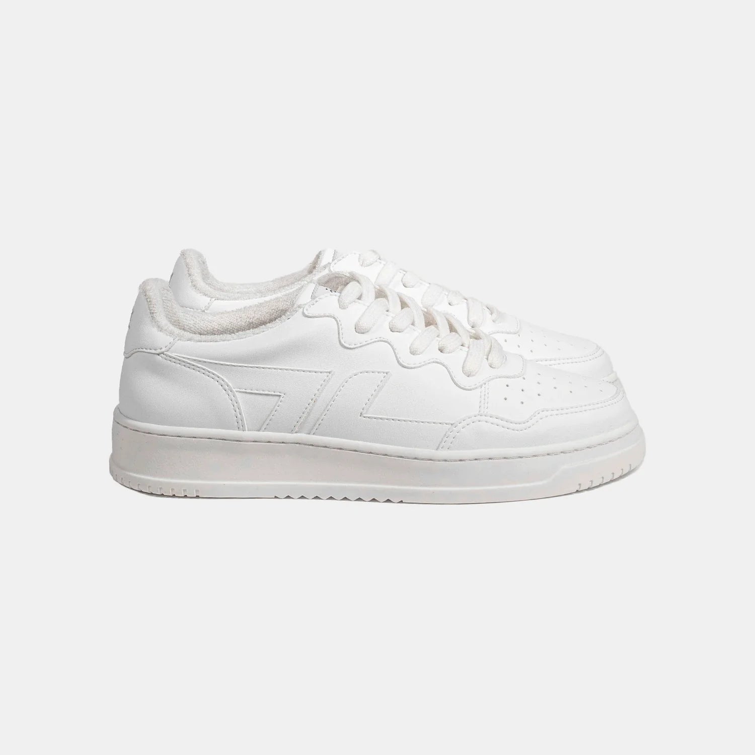 A pair of white, unisex, low-top sneakers with lace-up closure.