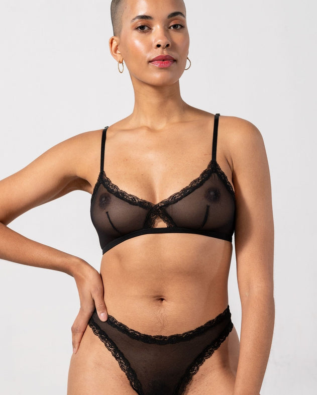 Mesh Lace Trim Triangle Bralette Black