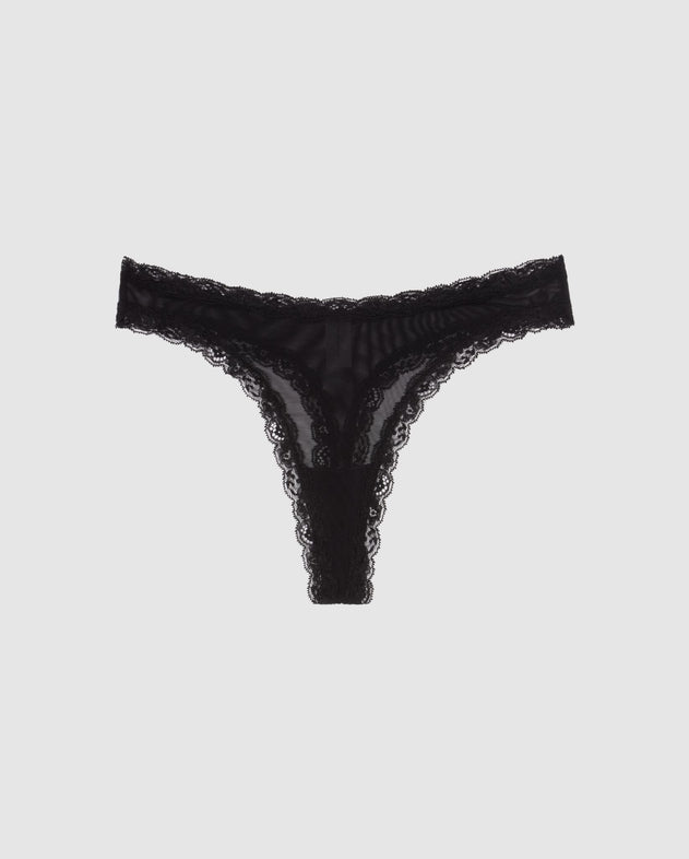 Mesh Lace Trim Thong Black