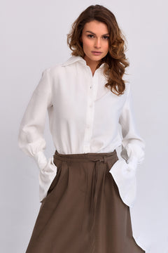 Carmen Ruffle Sleeve Button-Up Shirt White