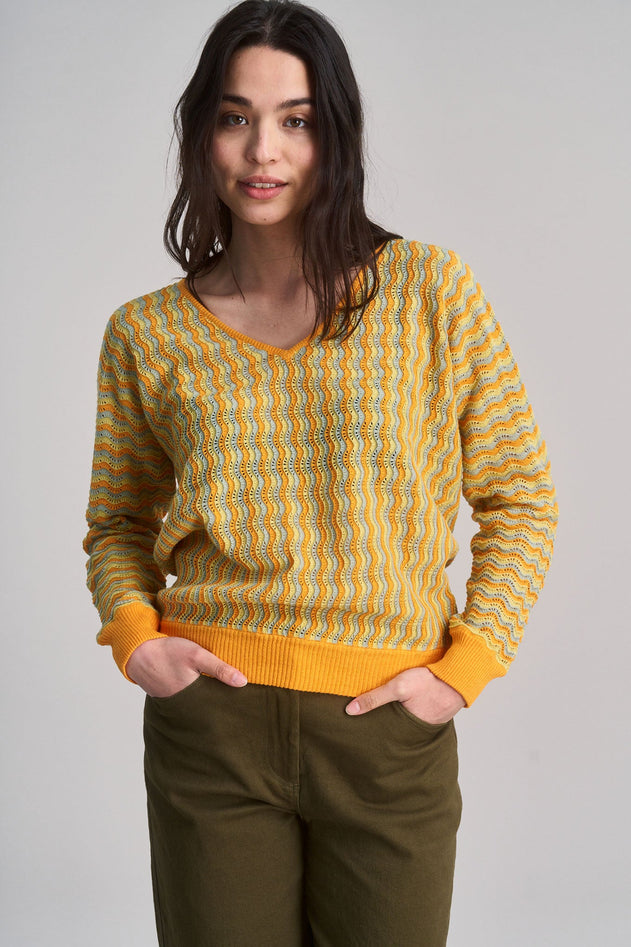 Clover Pointelle Knit Organic Linen Jumper Sunshine Wave