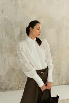 Madden Cotton Shirt with Embroidered Sleeves White