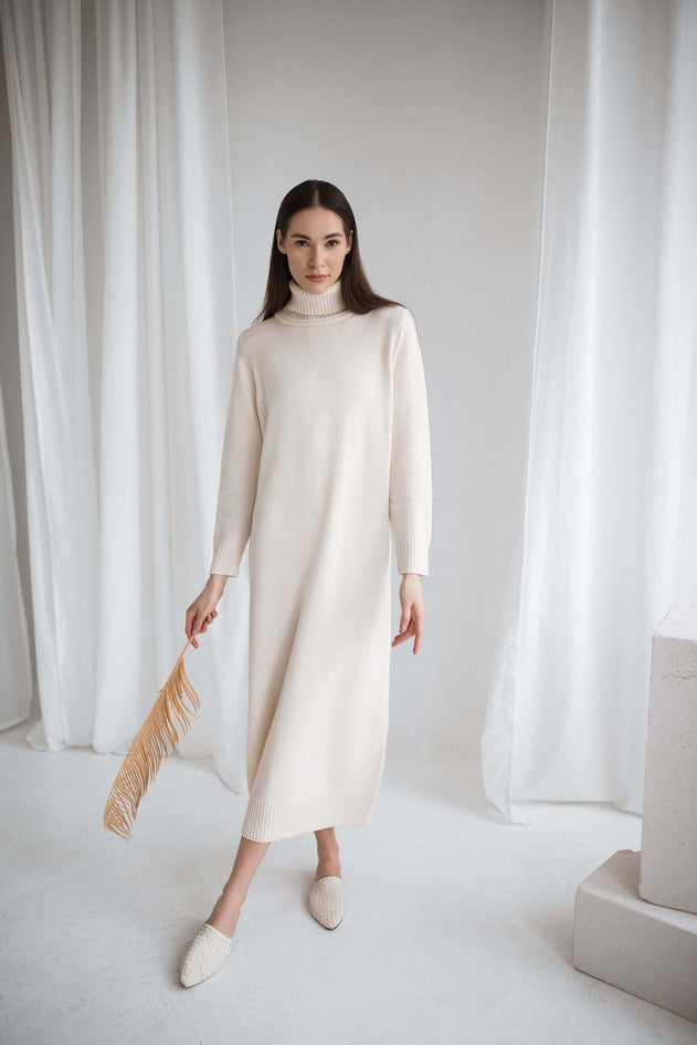 Turtleneck Knitted Merino Wool Sweater Dress Natural White