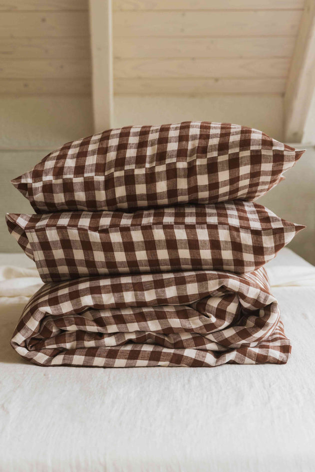 Linen Bedding Set Mocha Gingham