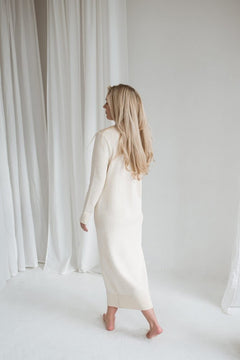 Knitted V-Neck Merino Wool Dress White