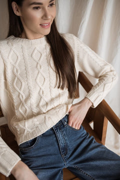 Cable-Knit Merino Wool Sweater Natural White