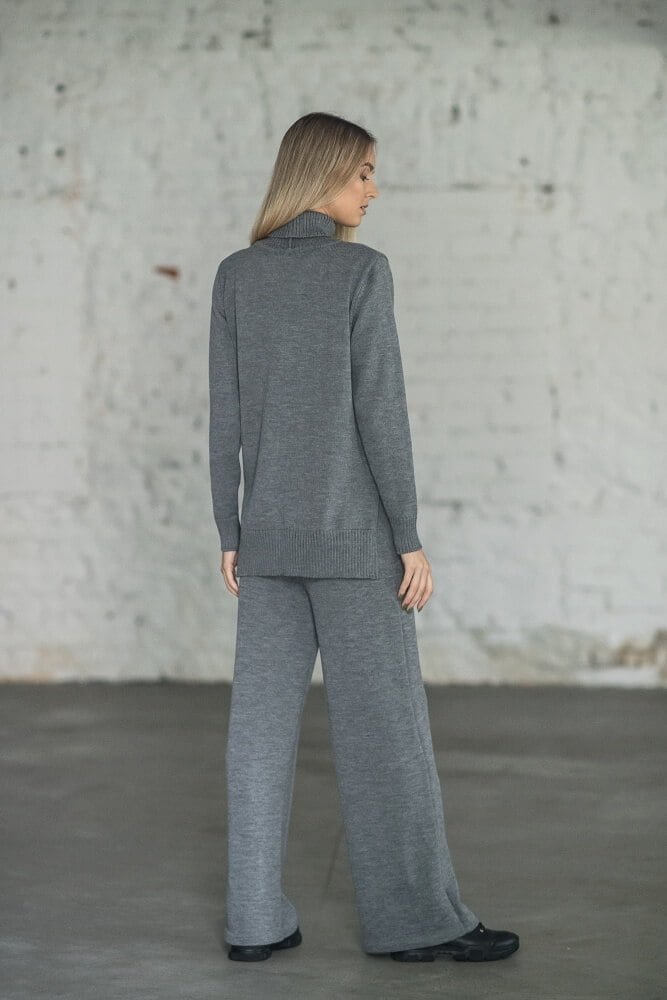 Monala grey wide-leg knitted pants, back view, elasticated waistband