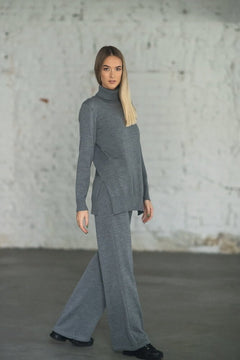 Knitted Merino Wool Pants & Sweater Set Grey