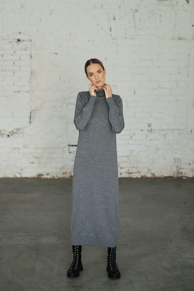 Turtleneck Knitted Merino Wool Sweater Dress Grey