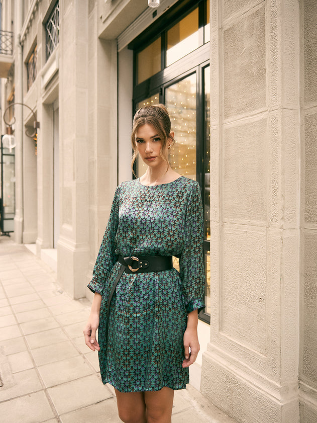 Long Sleeve Satin Dress Blue Stars