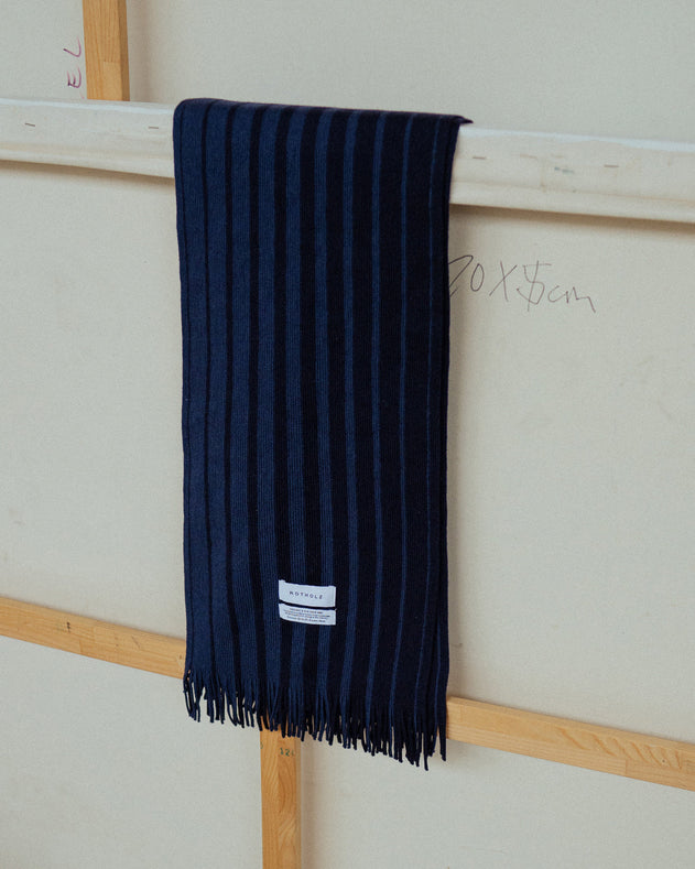 Knit Merino Wool Scarf Striped Navy