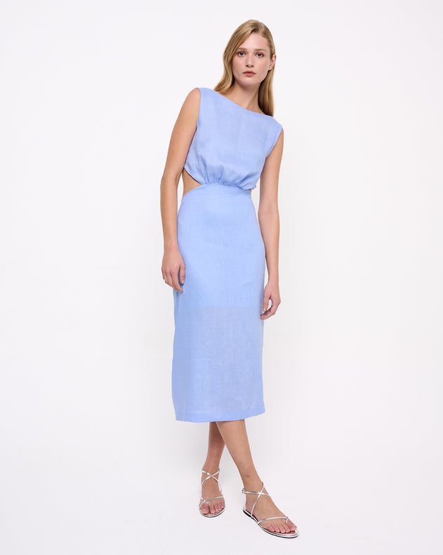 Back-Tie Linen Midi Dress Sky Blue