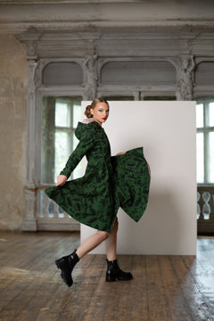 Fit and Flare Raincoat with Pleated Hem Green Forest Flower