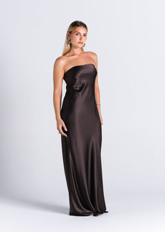 La Noche Strapless Satin Gown with Shawl Dark Brown