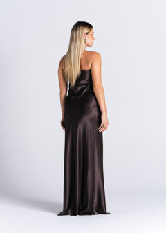 La Noche Strapless Satin Gown with Shawl Dark Brown
