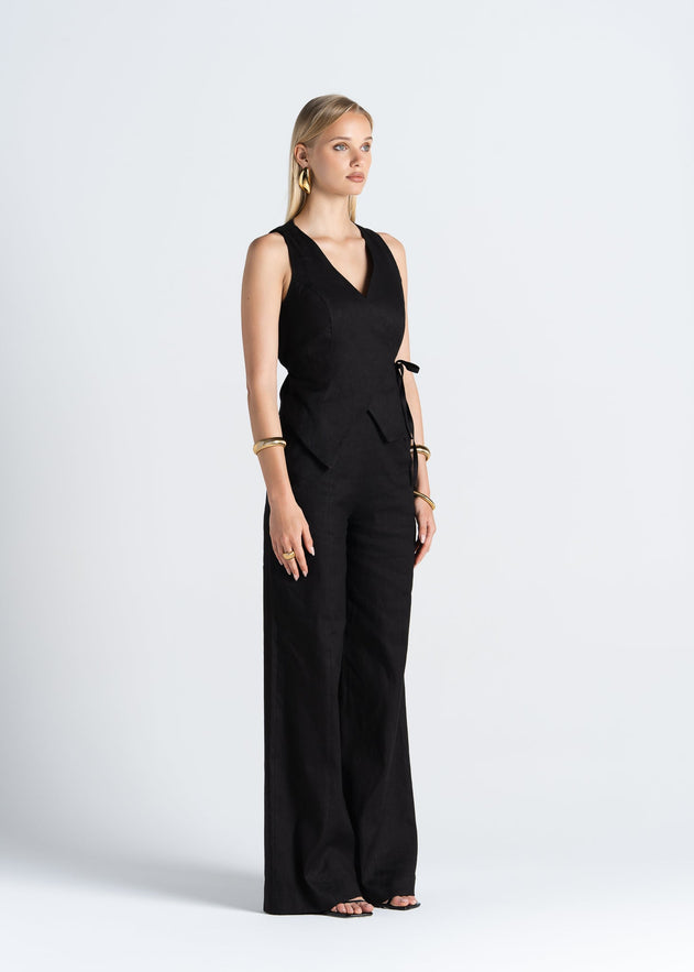 Elise Wide-Leg Linen Trousers Black