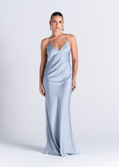 La Mar Satin Gown with Sheer Shawl Baby Blue
