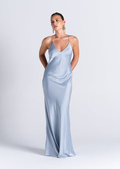 La Mar Satin Gown with Sheer Shawl Baby Blue